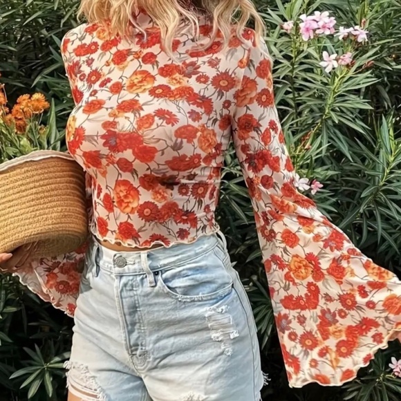 Tops - 930. The Mod 70s Bell Flare Floral Sheer